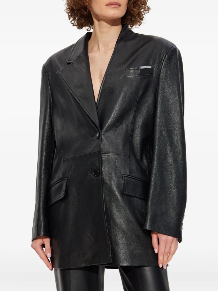 Attico Tailored Black Lambskin Blazer With Notched Lapels In Black