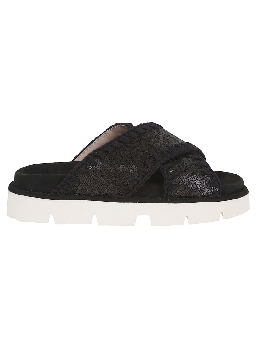 MOU MOU BLACK LEATHER SANDALS WITH TEXTURED UPPER