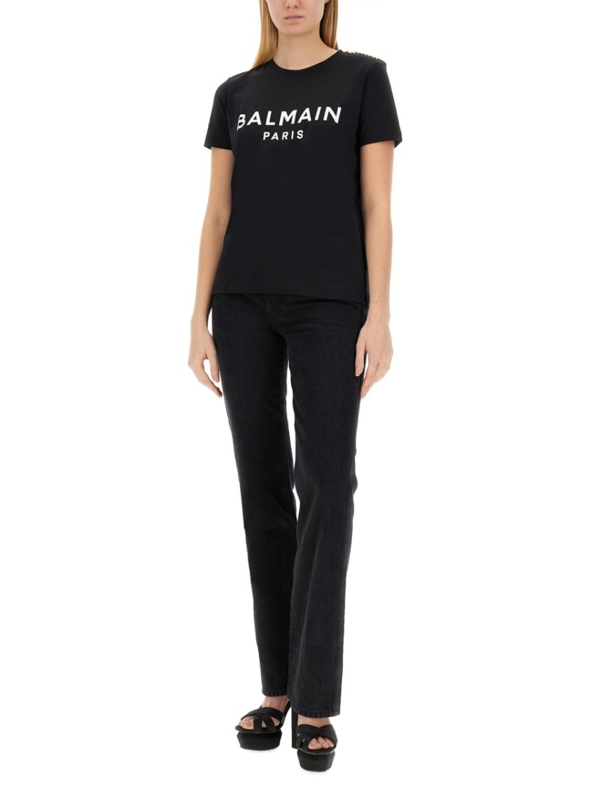 Balmain Black Crewneck T-shirt With Logo Print And Golden Buttons In Jersey Woman