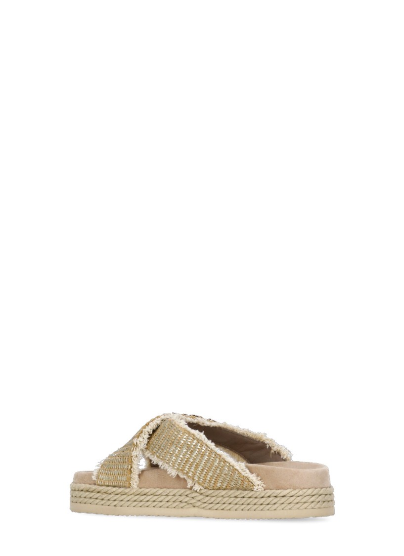 MOU MOU GOLD CRISS-CROSS RAFIA SANDALS