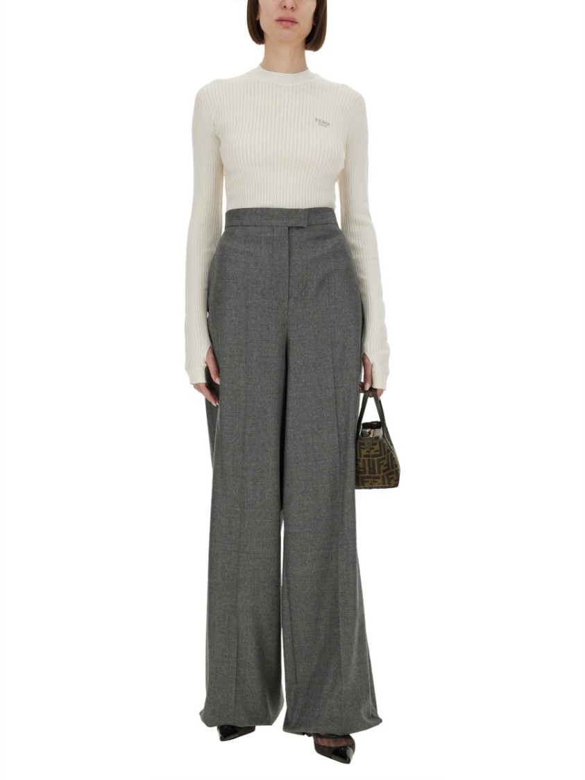 Fendi Slim Fit Ribbed Sweater Knitwear White