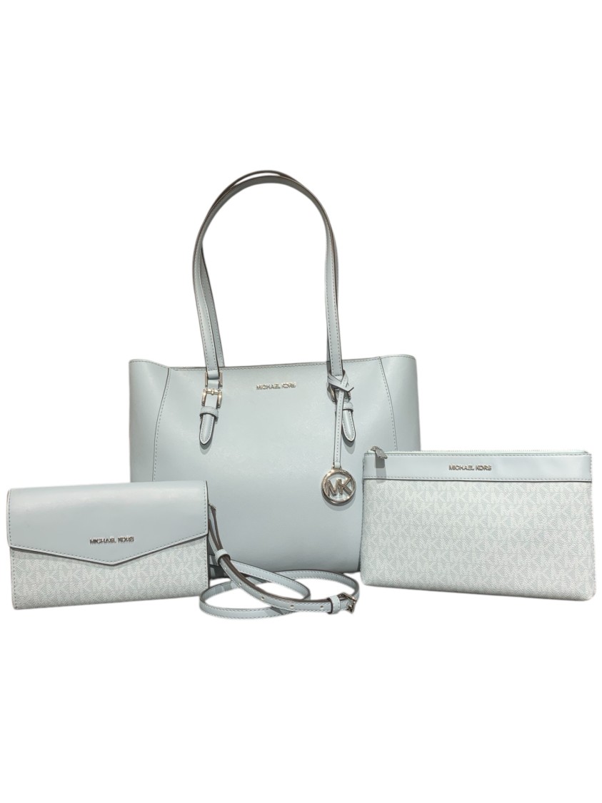 Michael Kors Light Blue Leather Shopper Bag In White
