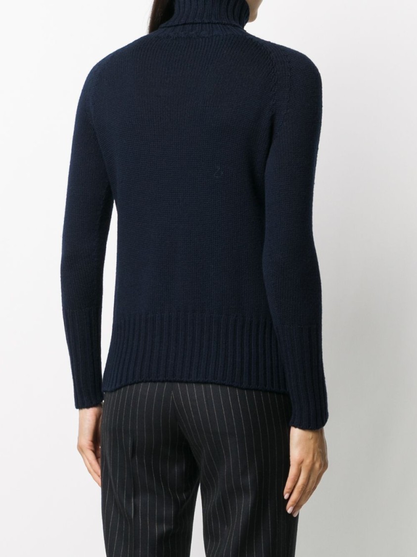 Drumohr Navy Merino Roll Neck Sweater With Ribbed Detailing In Blue