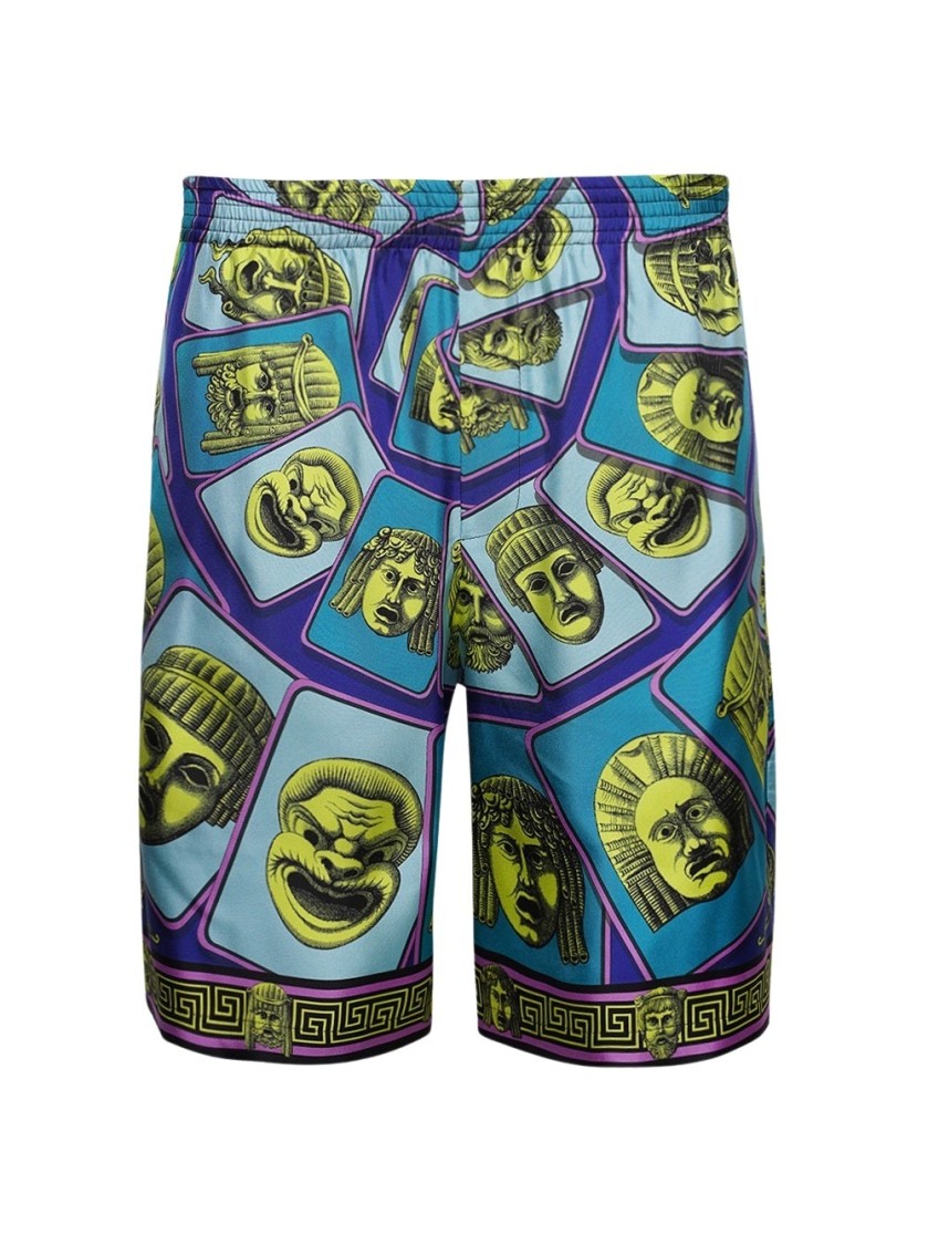Versace Le Maschere Print Silk Shorts In Multicolor