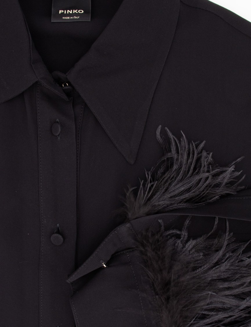 PINKO PINKO BLACK VISCOSE GEORGETTE BLOUSE WITH FEATHER-TRIMMED CUFFS