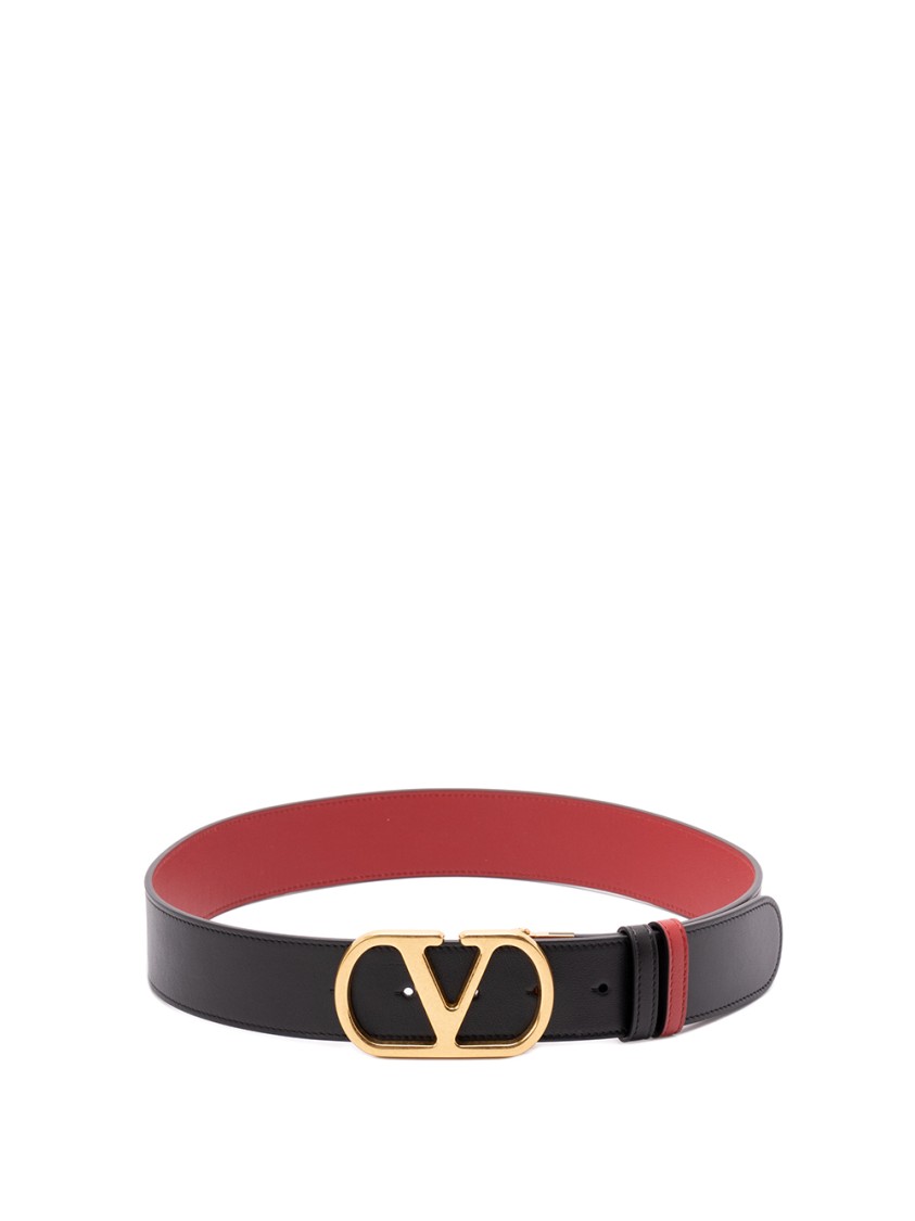 Valentino Adjustable Two-tone Reversible Belt With Gold-tone Buckle In Black