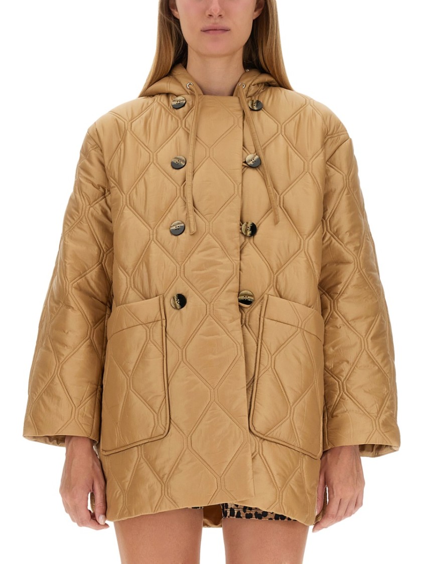 Ganni Beige Quilted Down Jacket With Hood In Neutrals
