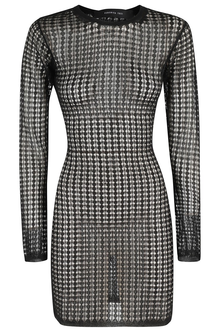 Federica Tosi Flexage Black Crewneck Dress With Check Motiv All-over And Open Rear In Fabric Woman