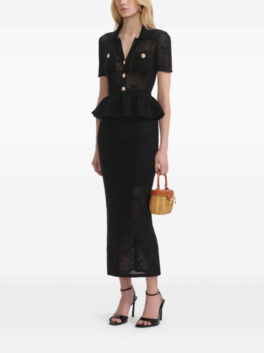 Self-portrait Black Midi Dress With Crochet Bow In Black
