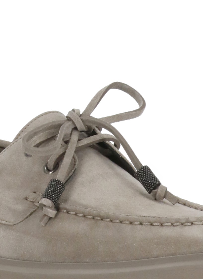 Brunello Cucinelli Suede Lace-up Boat Loafer With Rubber Sole In Brown