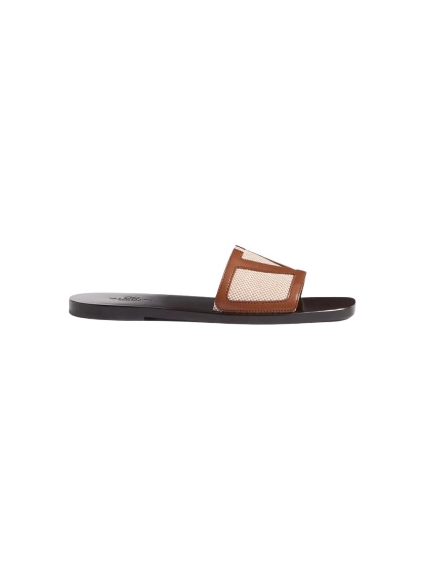 Valentino Garavani Viva Superstar Slide Sandal In Canvas Fabric And Nappa Leather In Brown
