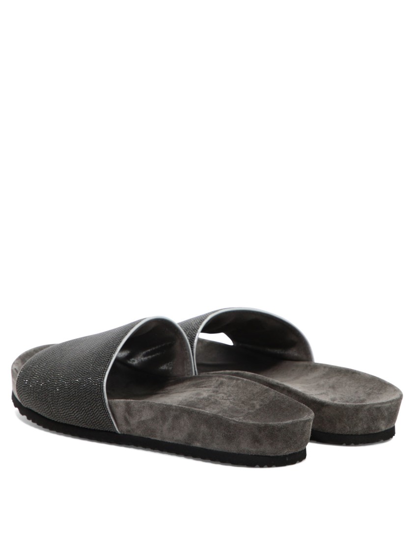 Brunello Cucinelli Textured Grey Leather Sandals In Gray