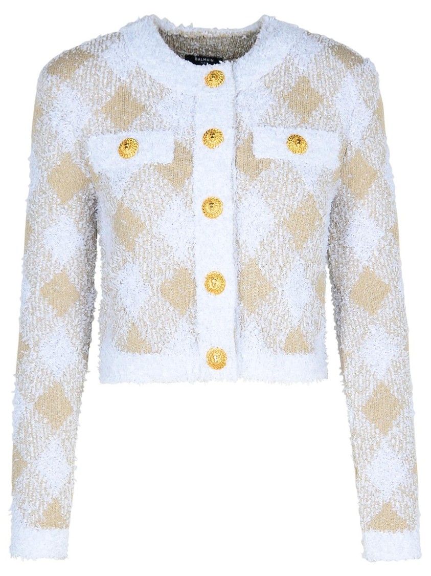 Balmain Vichy Check Tweed Knit Crop Jacket In Neutrals