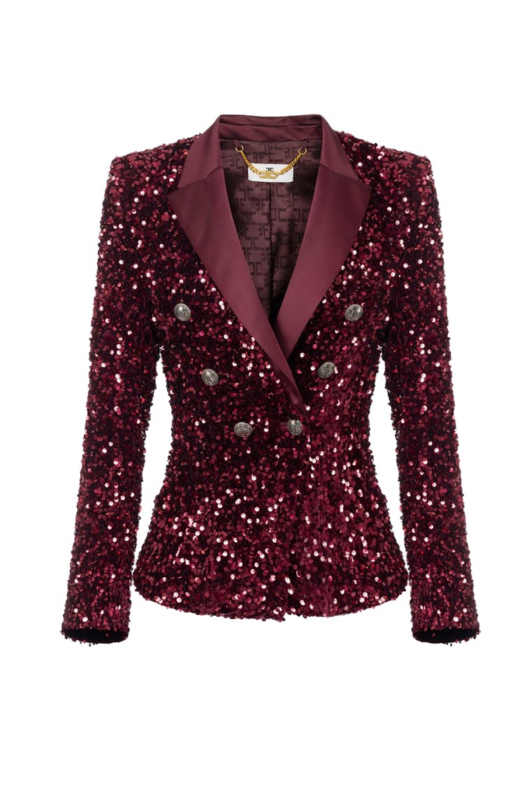ELISABETTA FRANCHI ELISABETTA FRANCHI DOUBLE-BREASTED BLAZER WITH SATIN LAPEL AND SEQUINS