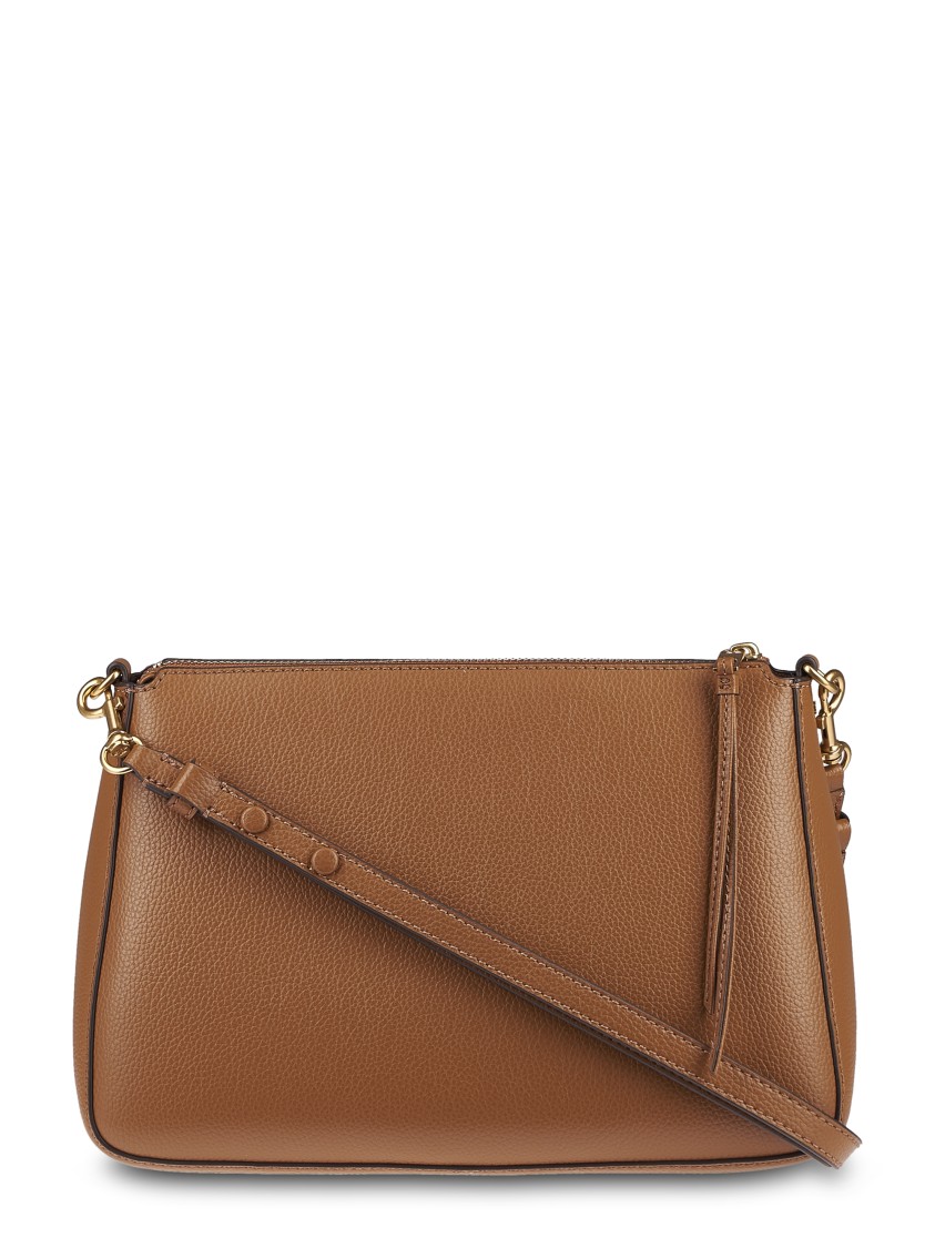 Tory Burch Textured Leather Shoulder Bag With Gold-tone Chain And Zip Closure In Brown