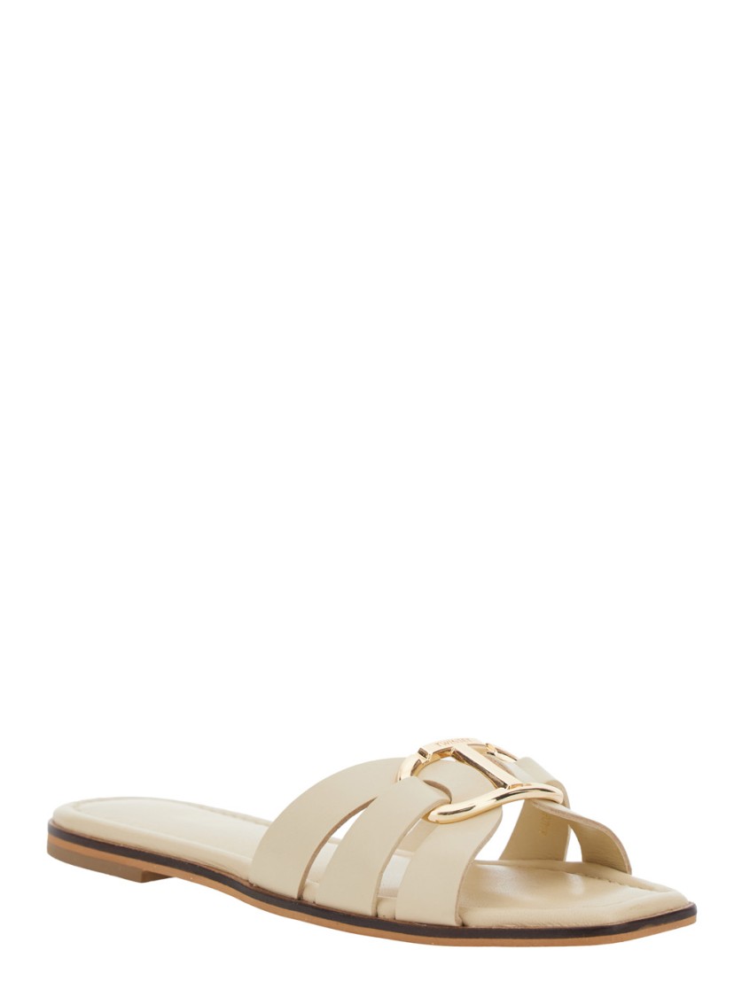 Shop Twinset Twin-set Beige Sandals With Logo Plaque