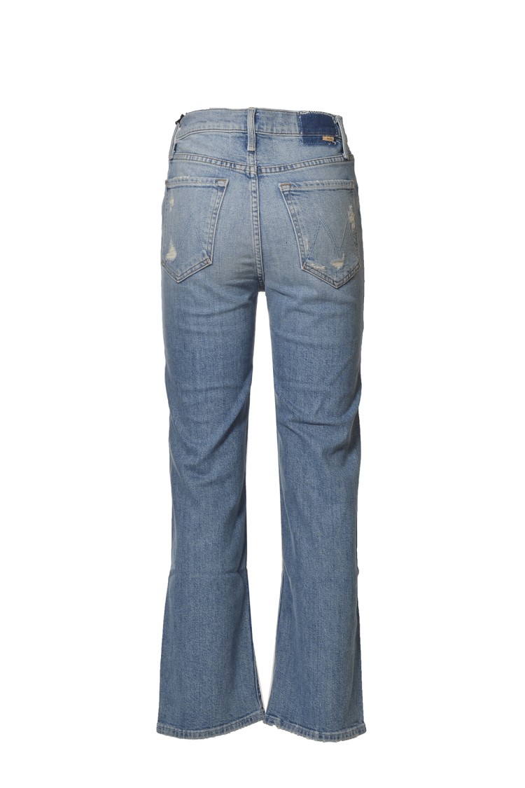 MOTHER MOTHER DISTRESSED STRAIGHT LEG JEANS IN BLUE DENIM