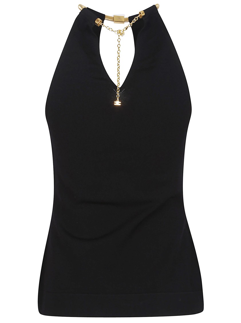 Elisabetta Franchi Deep Halterneck Knit Top With Removable Snakeskin Necklace In Black