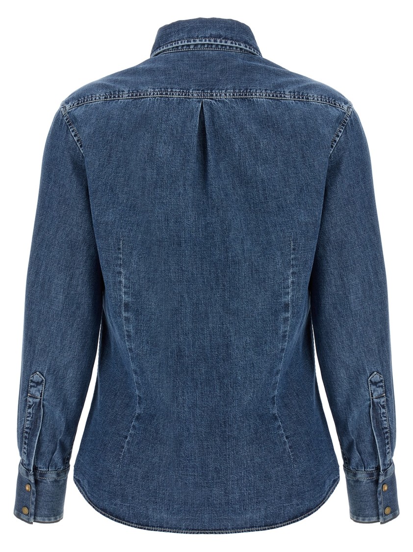 Brunello Cucinelli Cotton Denim Shirt With Structured Collar In Blue
