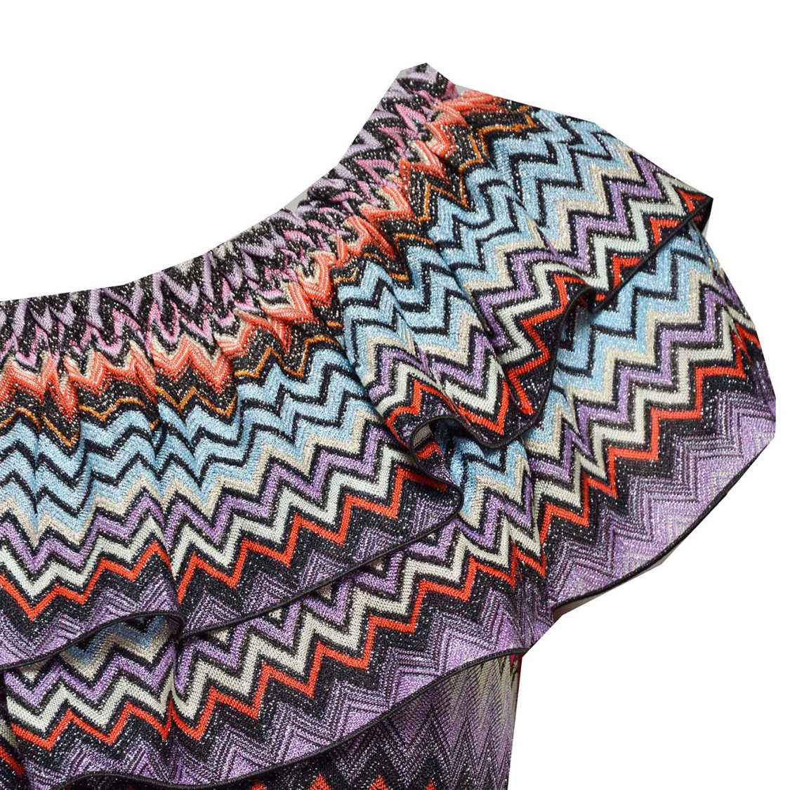MISSONI MISSONI MULTICOLORED CHEVRON VISCOSE ONE-SHOULDER SHORT DRESS WITH LUREX
