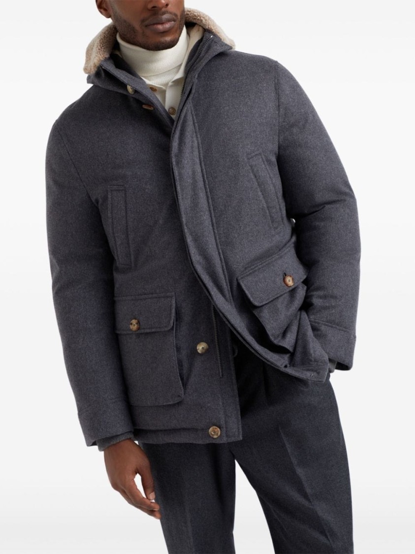 Brunello Cucinelli Hooded Long Length Warm Fabric Front Pockets In Gray