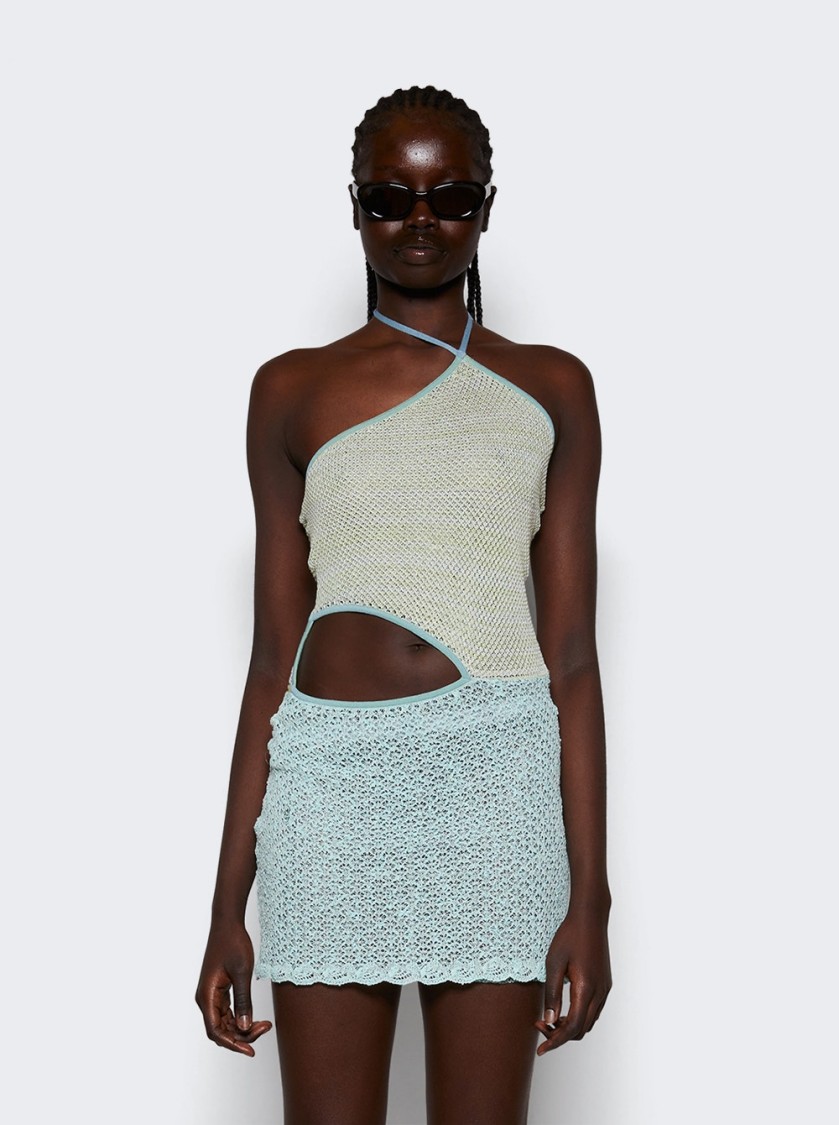 Roberta Einer Jasmine Sheer Knit Mini Dress Teal In Blue