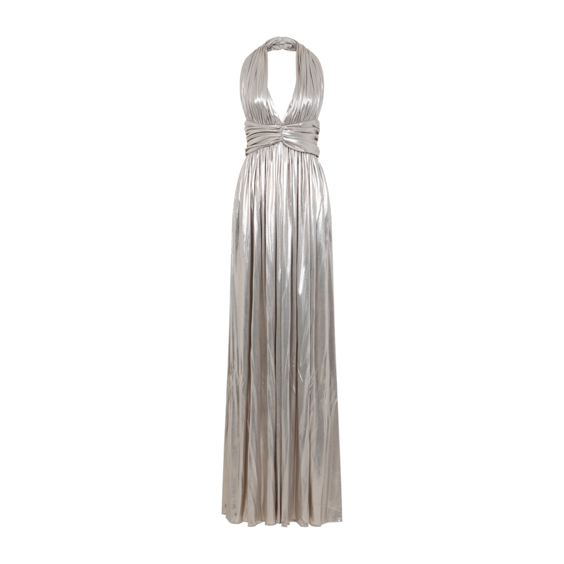 Giambattista Valli Laminated Gold Cotton Long Dress With Plunging Neckline