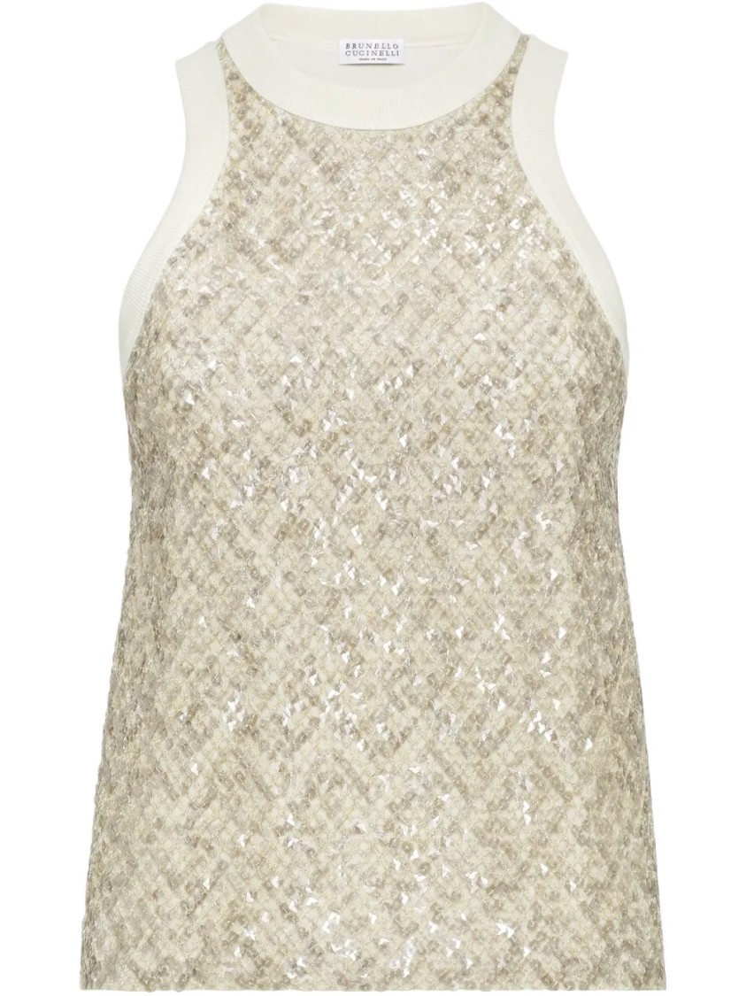 Brunello Cucinelli Stretch Cotton Jersey Top With Dazzling Net Embroidery In Neutrals