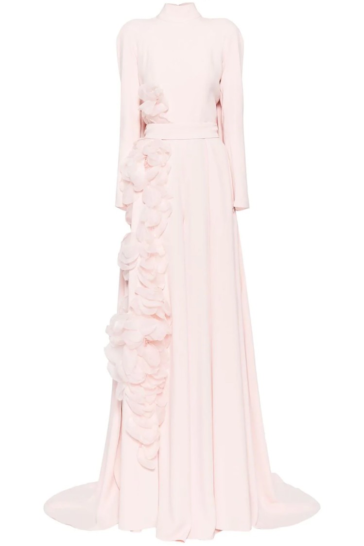 Saiid Kobeisy Crepe Kaftan With Organza Flowers In Pink