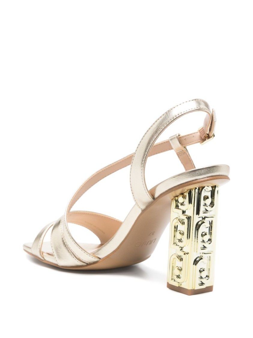 Shop Liu •jo Liu Jo Strappy Sandals With Geometric Block Heel And Glossy Finish In Neutrals