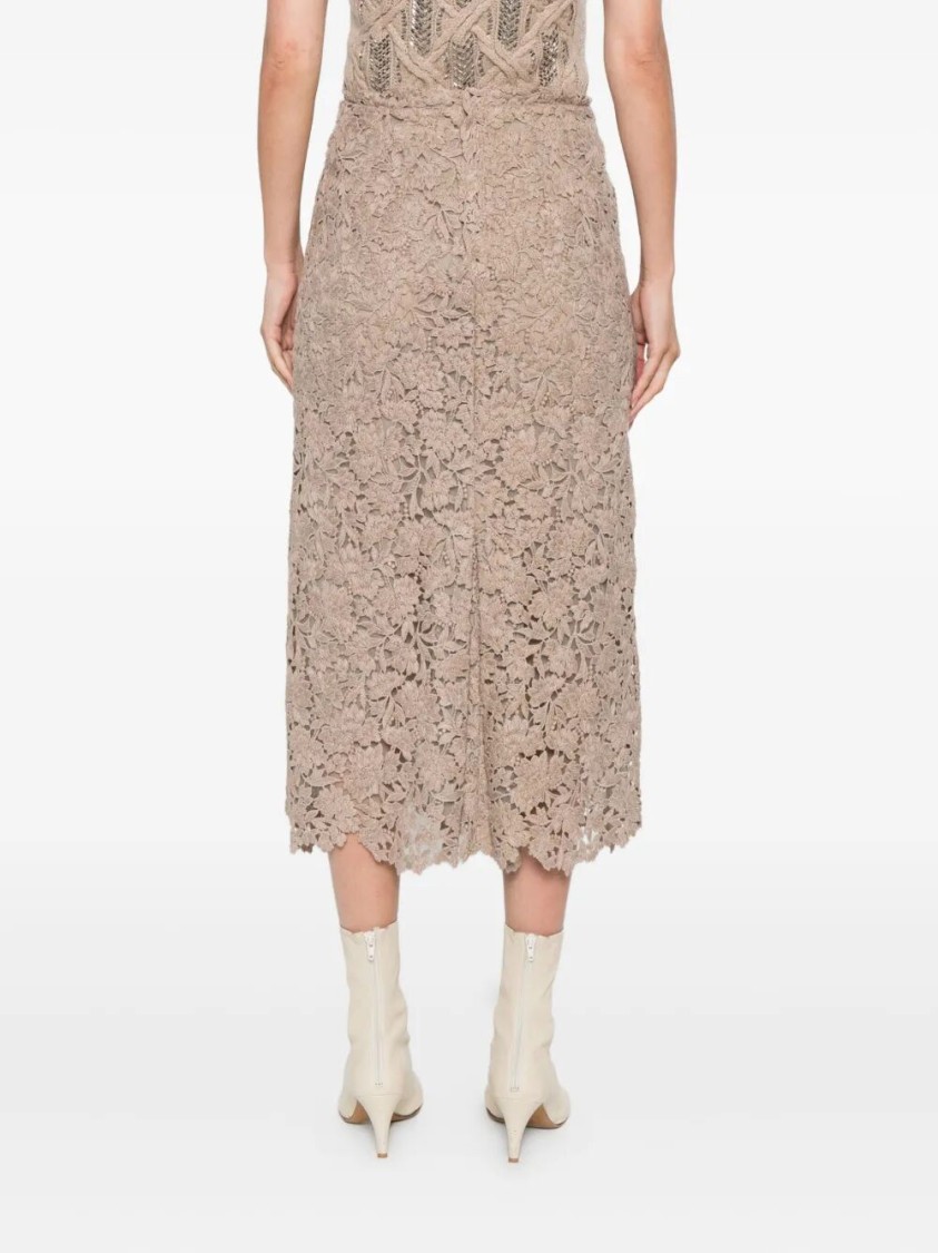 Ermanno Scervino Delicate Floral Lace Midi Skirt In Brown