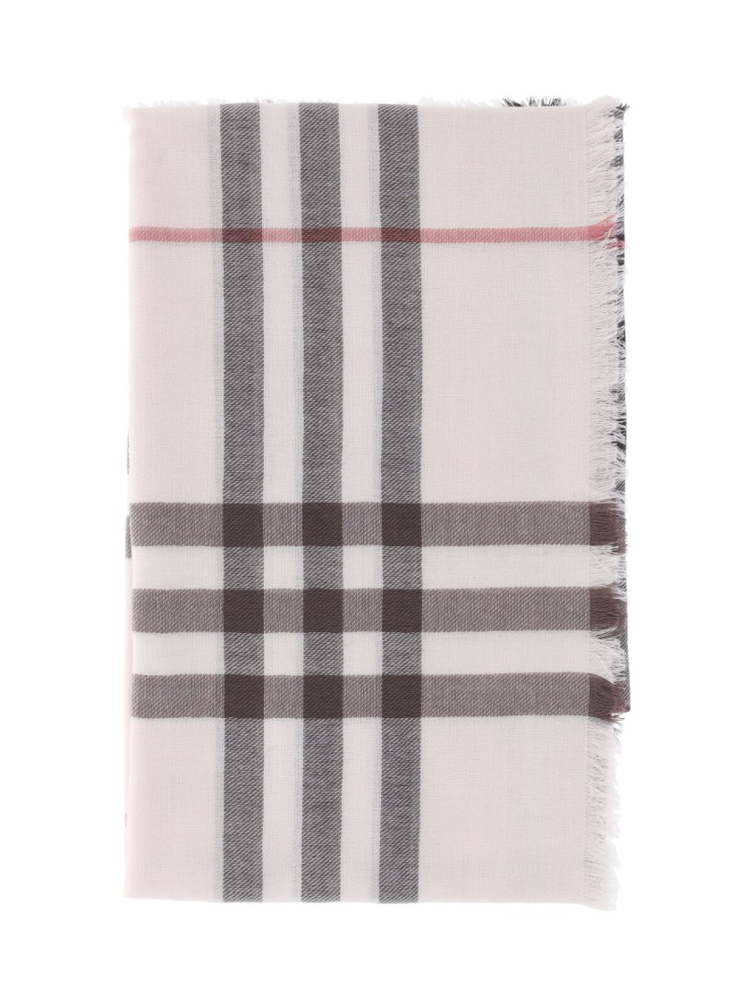 Burberry Check Pattern White Scarf With Fringed Edges - White