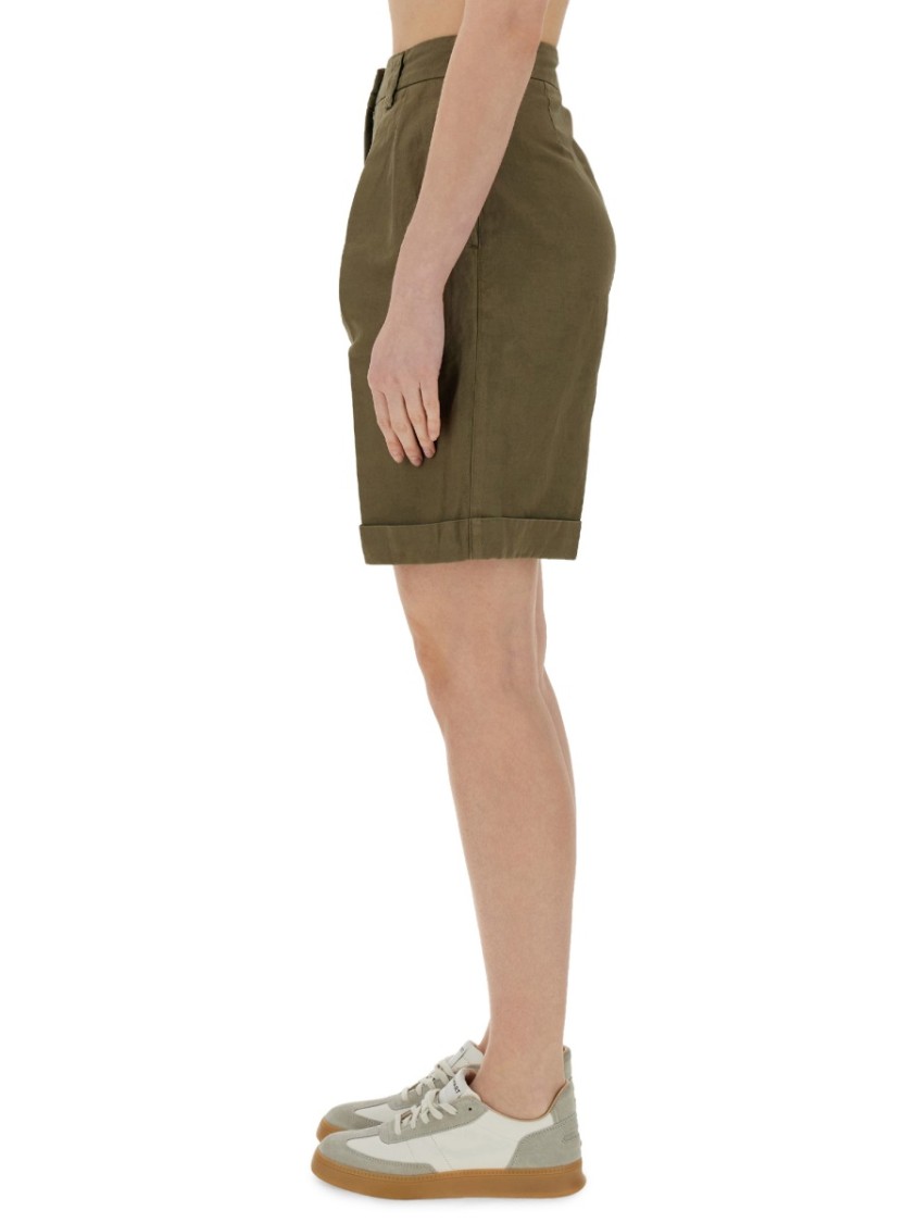 Aspesi Tailored High-waisted Cotton-linen Shorts With Pleated Front In Green