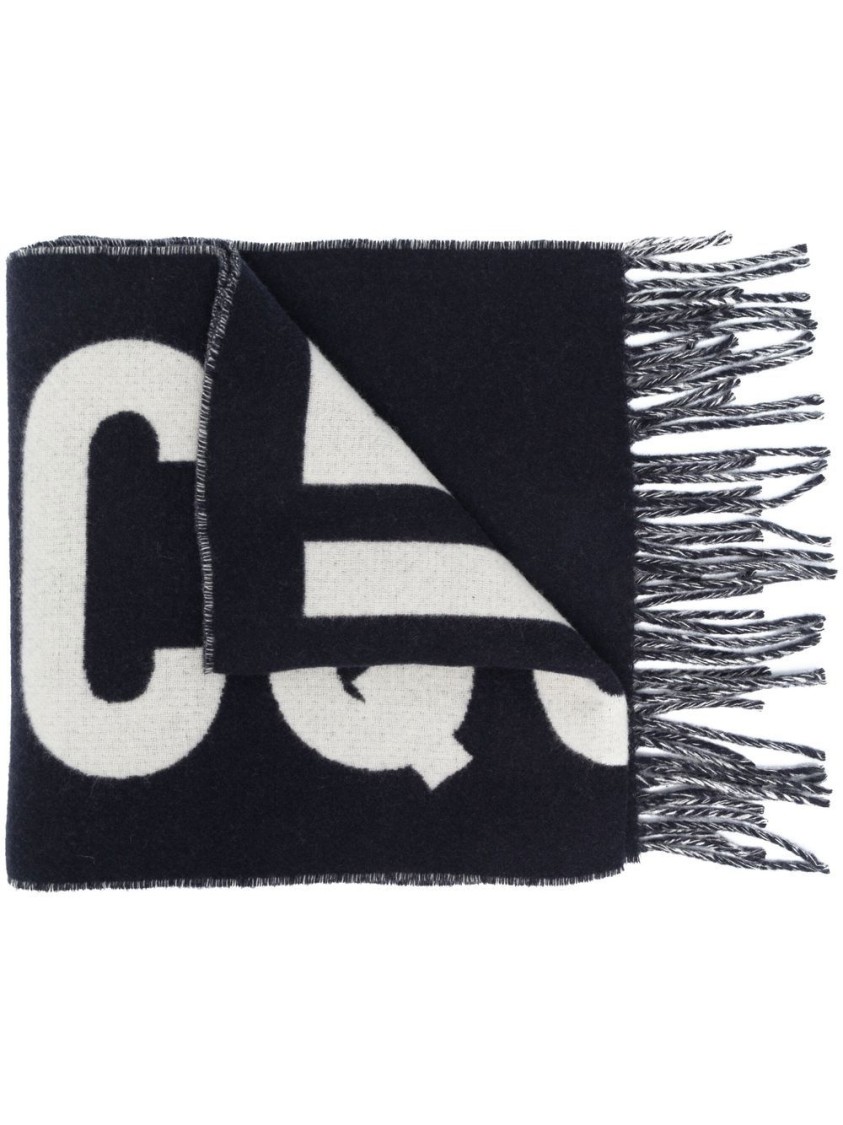 Jacquemus Graphic Patterned Blue Virgin Wool Scarf In Black
