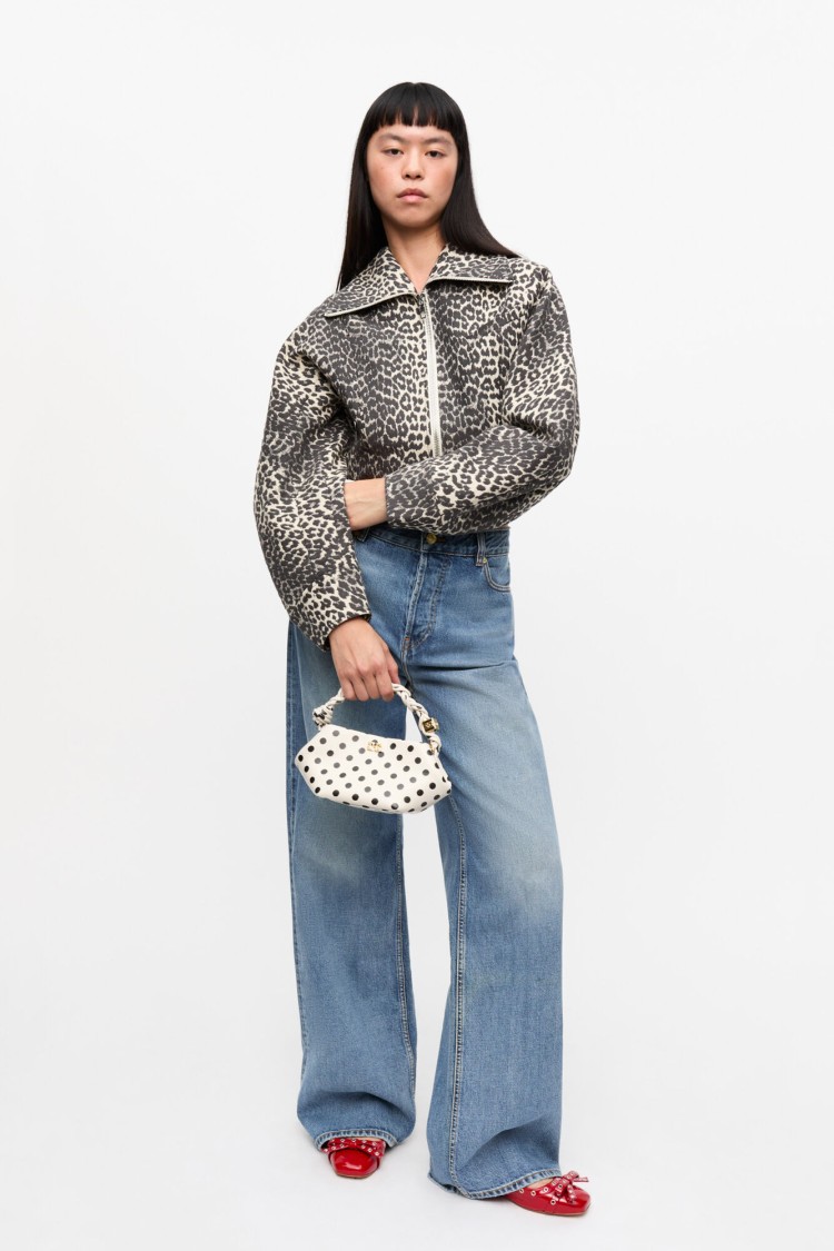Ganni Leopard Print Cropped Jacket With Curved Sleeves In Animal Print