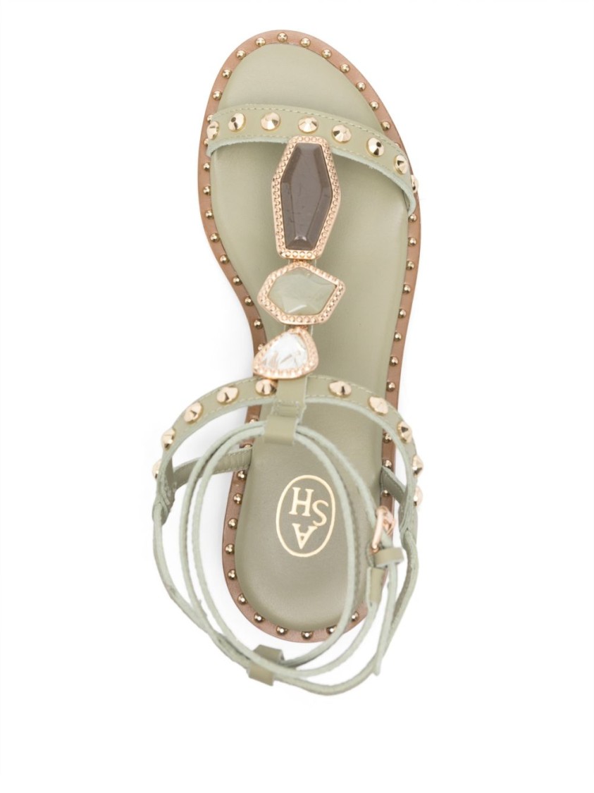 Ash Strappy Green Sandals With Gemstone Embellishments