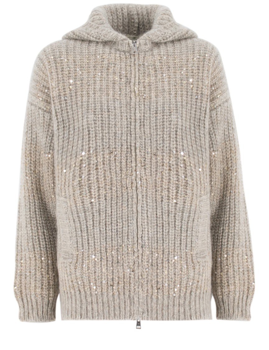 Panicale Textured Knit Zip Jacket With Sequined Detail In Neutrals