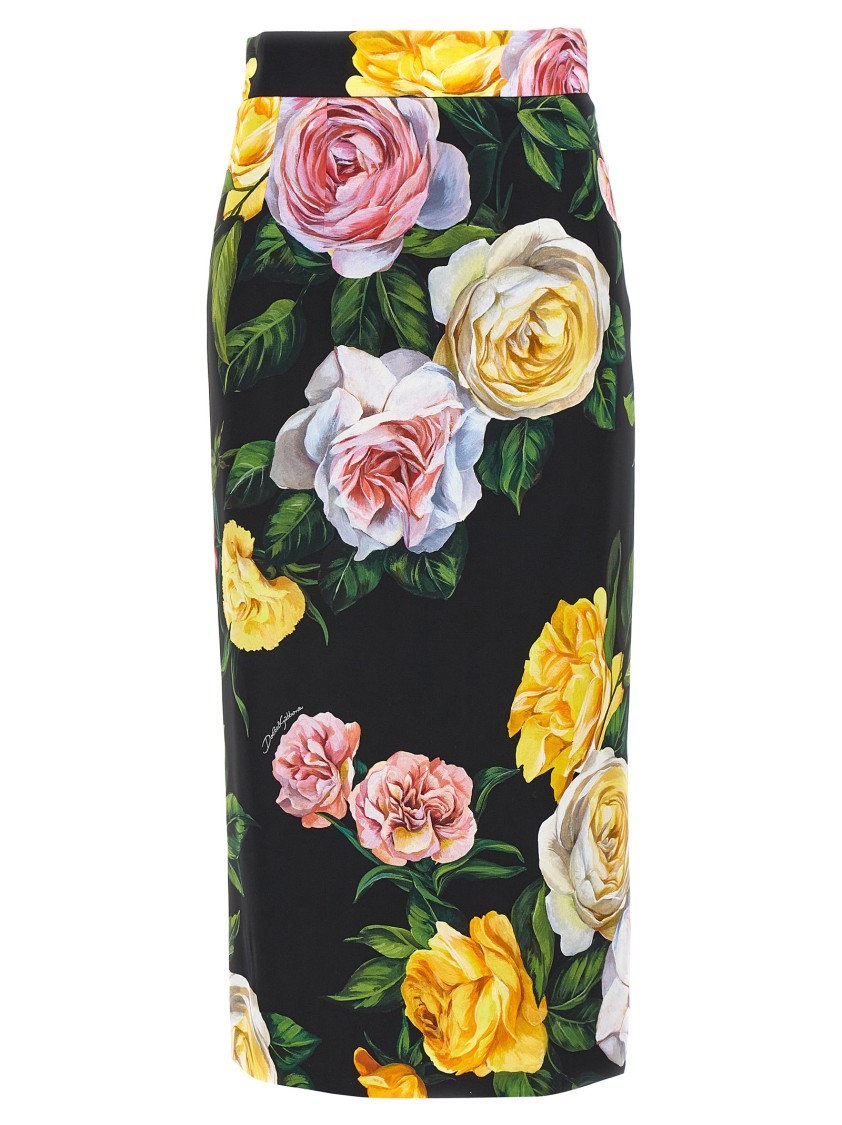Dolce & Gabbana Black Midi Skirt With All-over Floral Print
