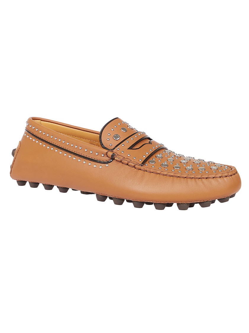 Tod's Brown Leather Loafers With Studded Detailing In Brown