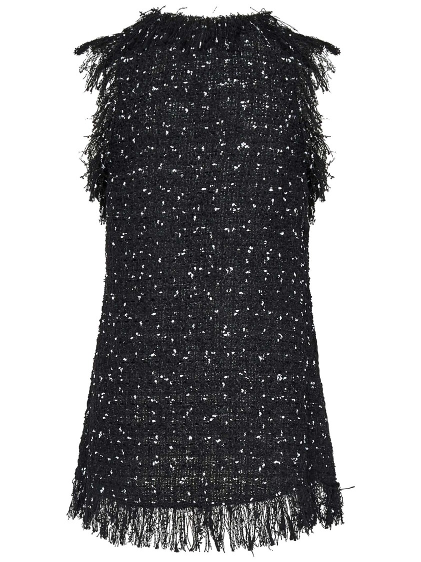 Balmain Embroidered Polka Dot Tweed Sleeveless Top With Fringes In Black