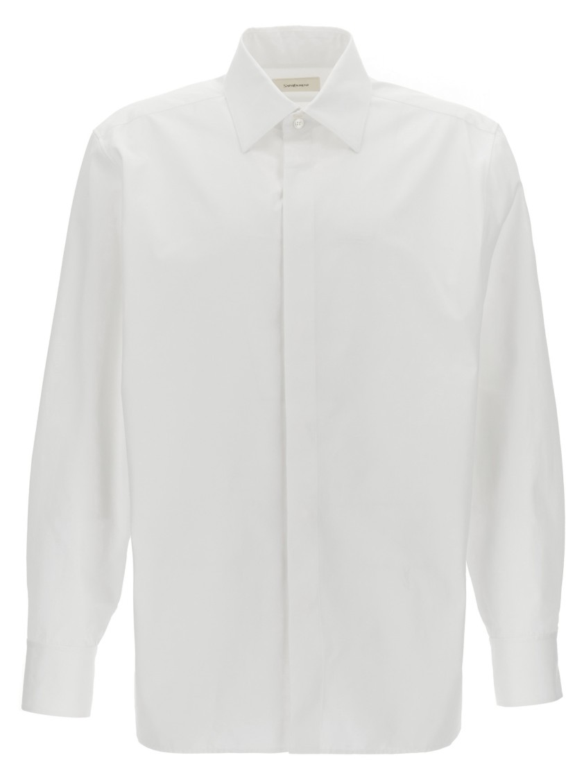 Saint Laurent White Pointed Collar Long Sleeve Shirt In Cotton Man In White