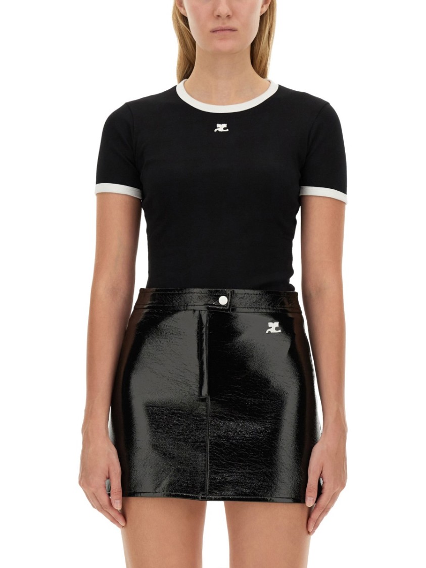 Courrèges Fitted Black T-shirt With Contrasting Trim And Embroidered Logo In Black