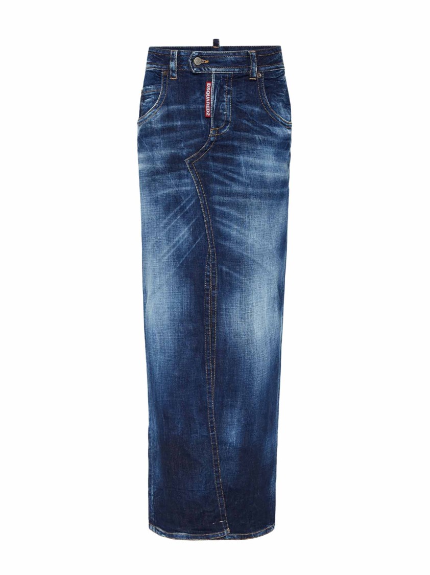 Dsquared2 Medium Wash Denim Maxi Skirt With Front Split In Blue