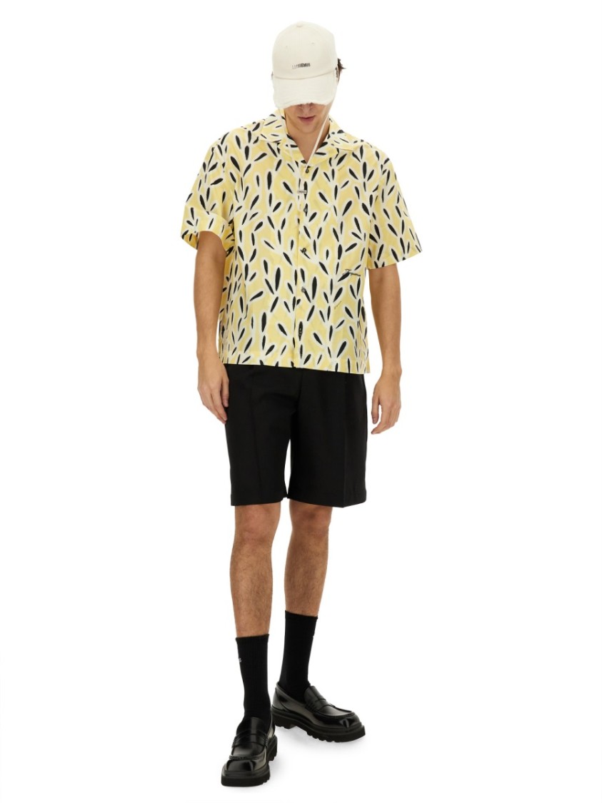 Jacquemus Yellow Cotton Jean Shirt With Playful Leaf Pattern In Yellow