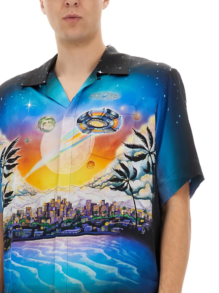 Casablanca Graphically Enhanced Silk Shirt With Cuban Collar In Blue