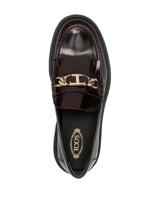 Tod's Leather Loafers With Gold-tone Chain Detail In Burgundy