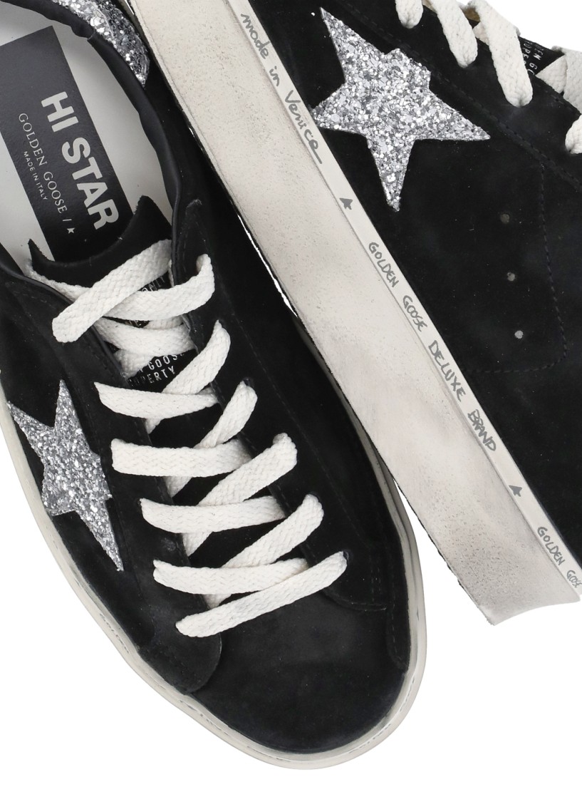 Golden Goose Hi Star Suede Sneakers With Glittered Star And Heel Tab In Black