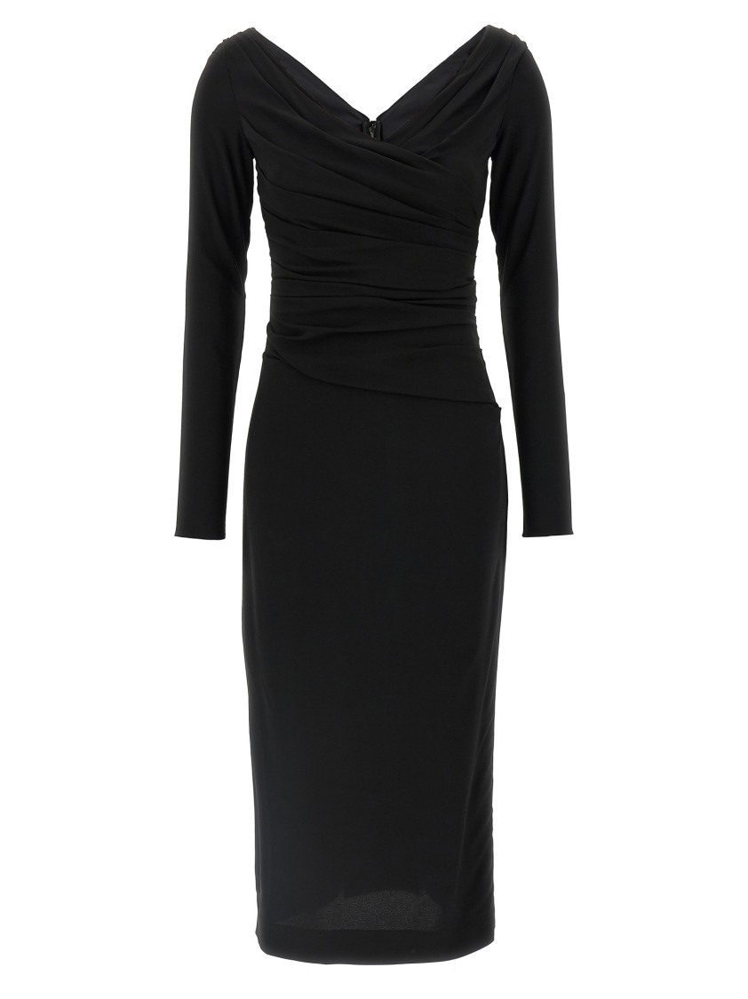 Dolce & Gabbana Draped V-neckline Midi Length Dress In Black