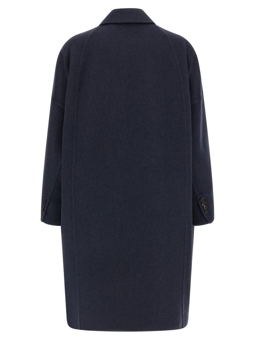 Brunello Cucinelli Double-breasted Black Cashmere Coat With Peak Lapels In Blue