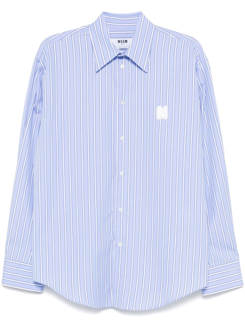 Msgm Logo Cotton T-shirt With Striped Cuffed Sleeves In Blue